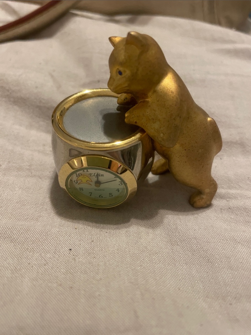 Gold Cat Figurine Clock Accent with Metallic Finish
